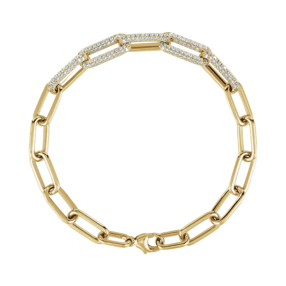 Gold chain bracelet with interlocking links on a white background